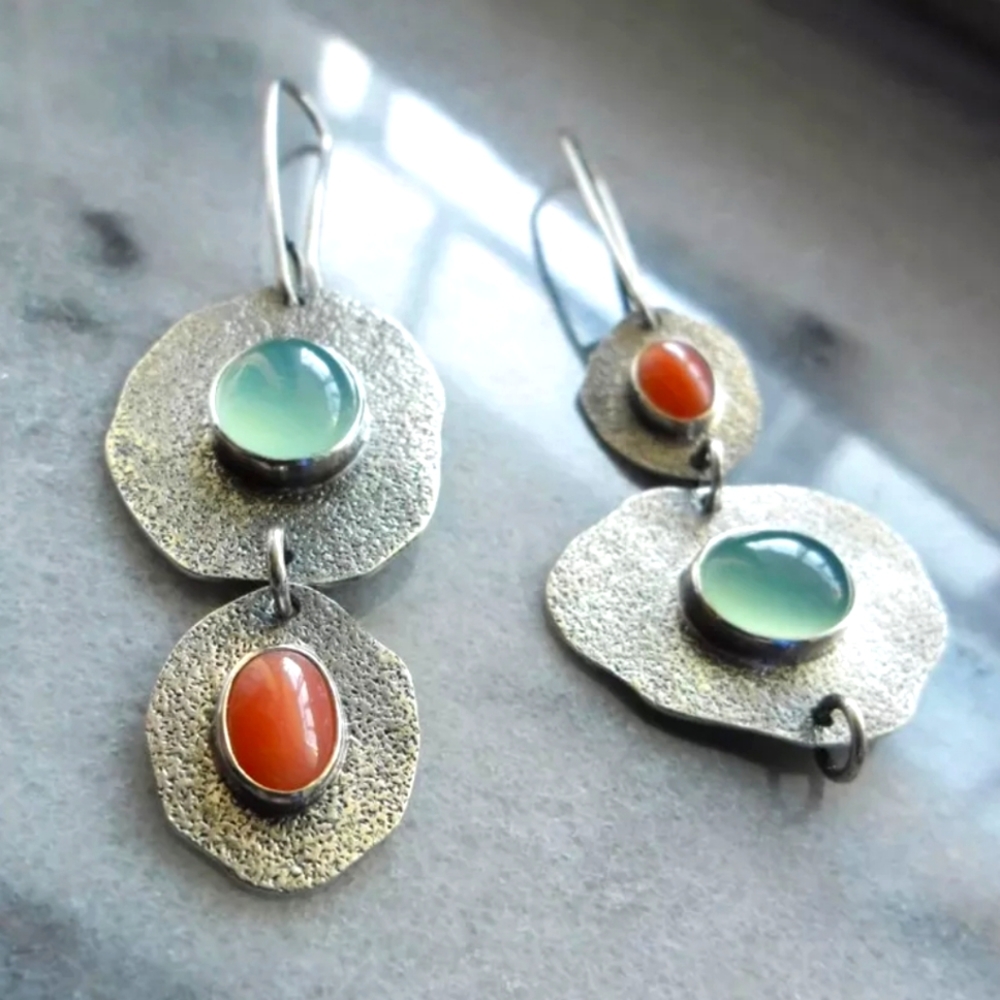 Geo Vintage Silver Metal Earrings Bohemian Dangle Ethnic Tribal - Picture 2 of 3